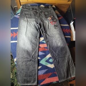 Y2K G Unit Jeans Mens 40x32 Black Patches 50 Cent Baggy Loose Rap